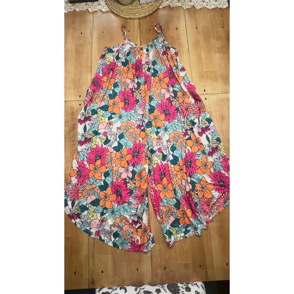 Shirley & Stone Floral Wide Leg Jumpsuit XL Pink Orange Teal Sleeveless Pockets